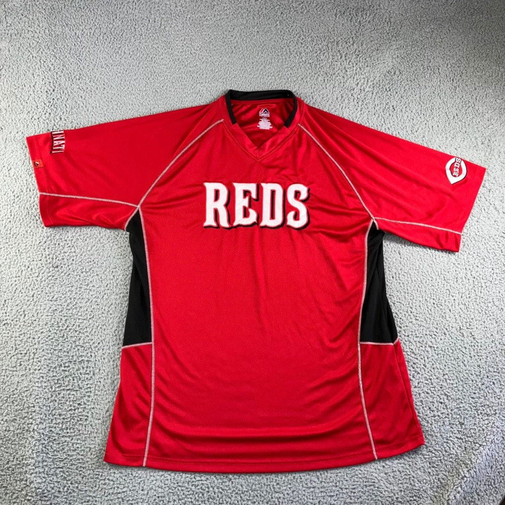 Majestic Cincinnati Reds Jersey Men XLT Red Black MLB Baseball Performance Shirt